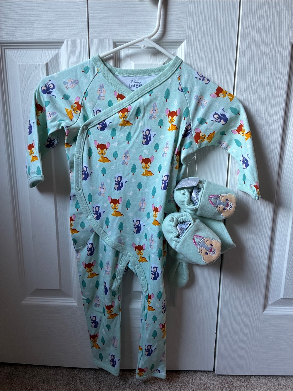 NWT Disney Mint Green Bambi Character Wrap One-Piece with Matching Booties/Hat